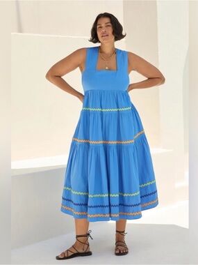 Anthropologie Blue The Helena Square-Neck Tiered Midi Dress Size Large